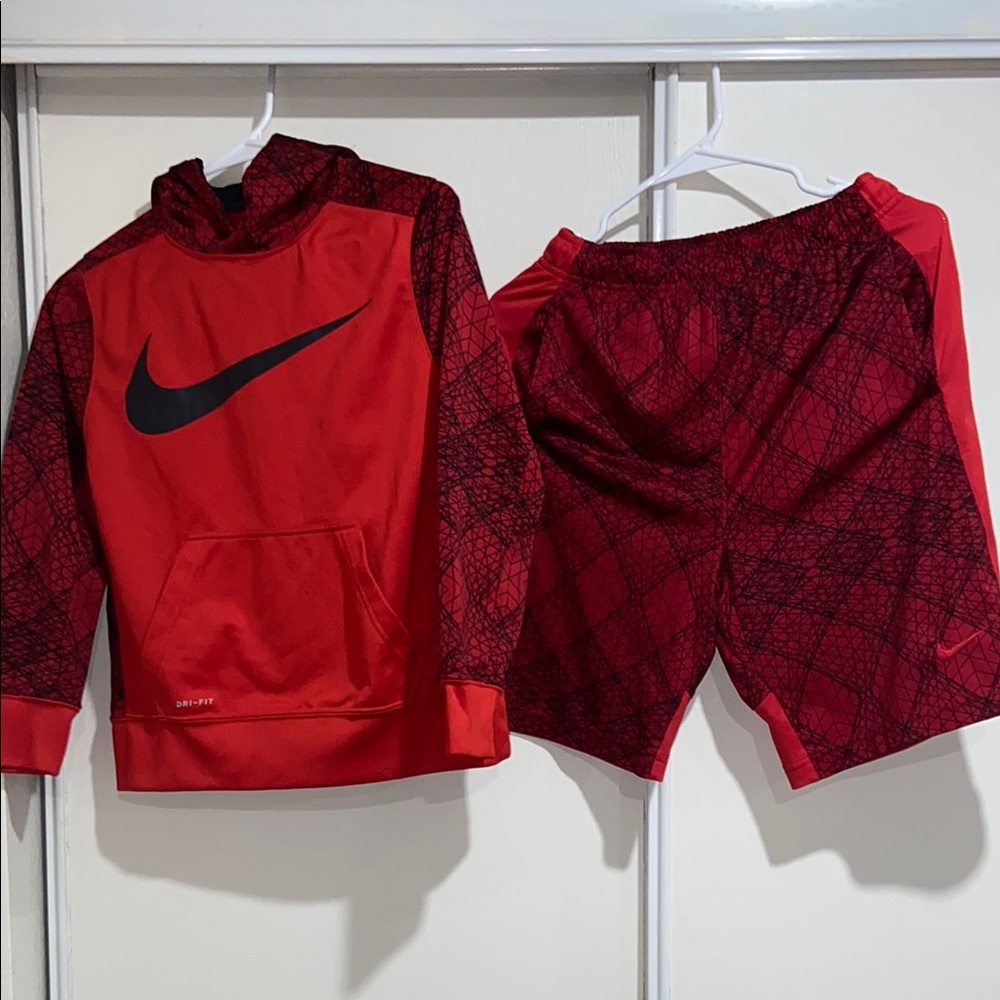 Nike Red and Black Hoodie and Shorts Set